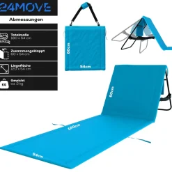 24MOVE® Strandmatte 1er Set klappbar mit Rückenlehne, Strandliege mit Gurt, tragbar für Strand und Garten, Liegematte blau