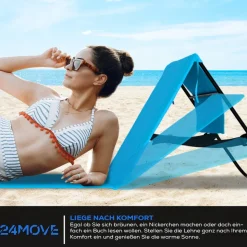 24MOVE® Strandmatte 1er Set klappbar mit Rückenlehne, Strandliege mit Gurt, tragbar für Strand und Garten, Liegematte blau