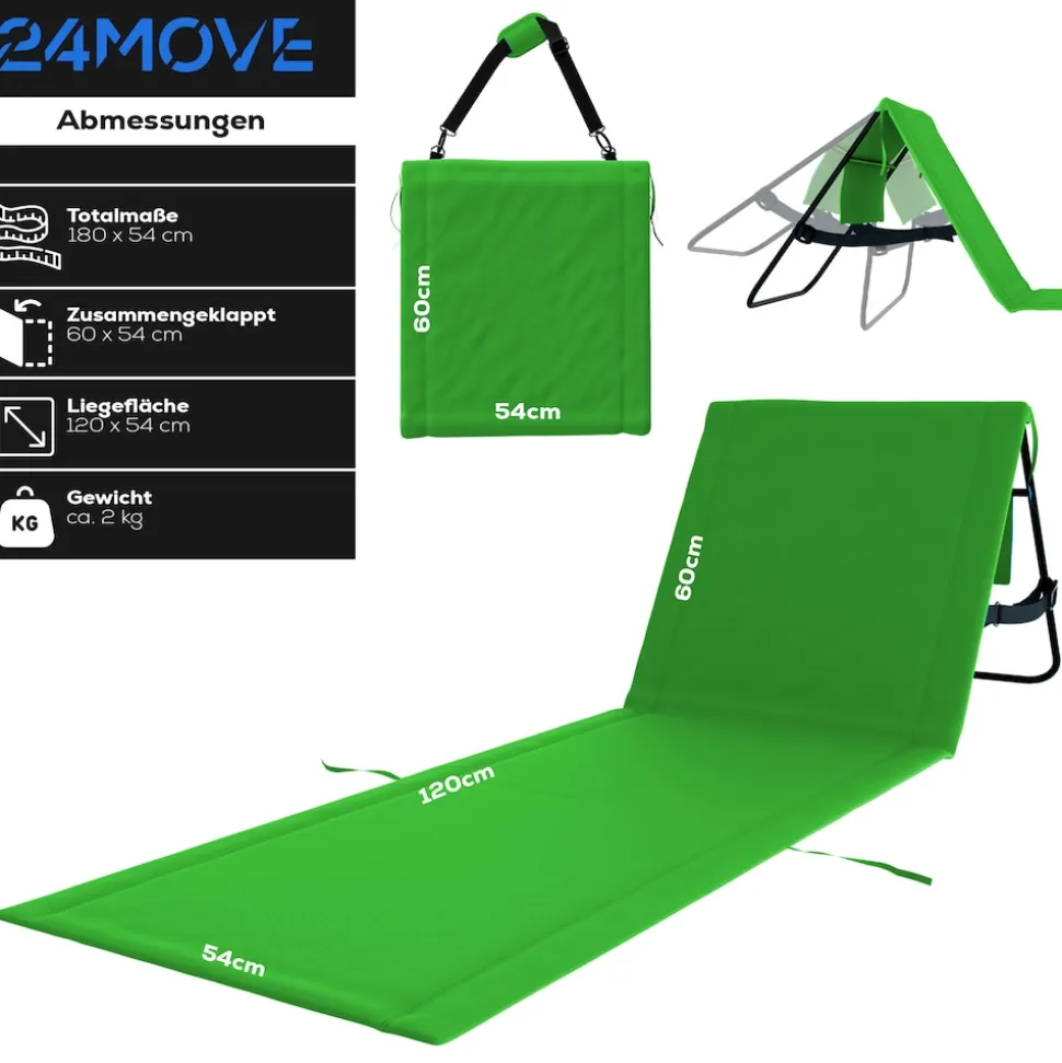 24MOVE® Strandmatte 1er Set klappbar mit Rückenlehne, Strandliege mit Gurt, tragbar für Strand und Garten, Liegematte grün