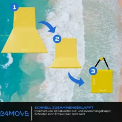24MOVE® Strandmatte 1er Set klappbar mit Rückenlehne, Strandliege mit Gurt, tragbar für Strand und Garten, Liegematte gelb
