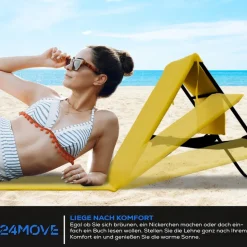 24MOVE® Strandmatte 1er Set klappbar mit Rückenlehne, Strandliege mit Gurt, tragbar für Strand und Garten, Liegematte gelb