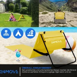 24MOVE® Strandmatte 1er Set klappbar mit Rückenlehne, Strandliege mit Gurt, tragbar für Strand und Garten, Liegematte gelb