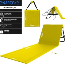 24MOVE® Strandmatte 1er Set klappbar mit Rückenlehne, Strandliege mit Gurt, tragbar für Strand und Garten, Liegematte gelb