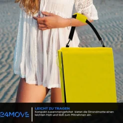 24MOVE® Strandmatte 1er Set klappbar mit Rückenlehne, Strandliege mit Gurt, tragbar für Strand und Garten, Liegematte gelb