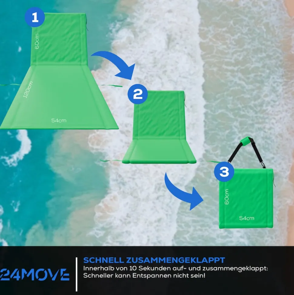 24MOVE® Strandmatte 2er Set klappbar mit Rückenlehne, Strandliege mit Gurt, tragbar für Strand und Garten, Liegematte grün