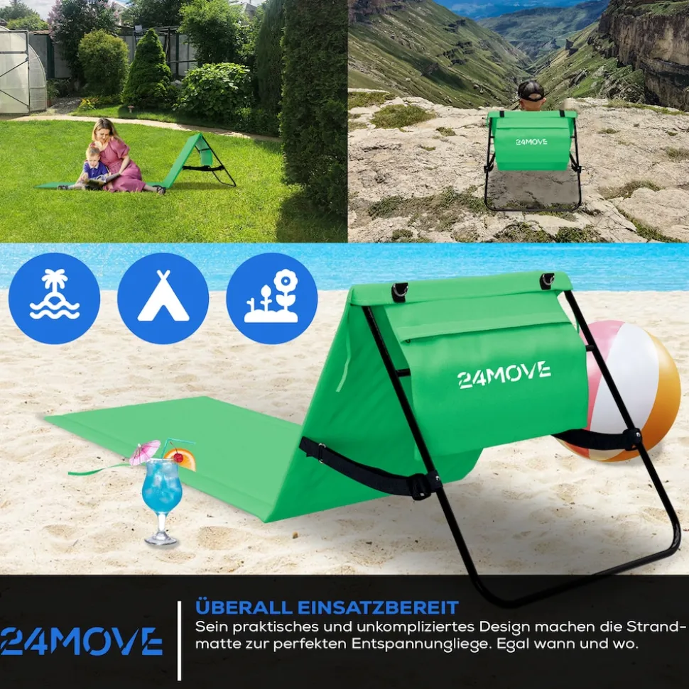 24MOVE® Strandmatte 2er Set klappbar mit Rückenlehne, Strandliege mit Gurt, tragbar für Strand und Garten, Liegematte grün