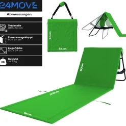 24MOVE® Strandmatte 2er Set klappbar mit Rückenlehne, Strandliege mit Gurt, tragbar für Strand und Garten, Liegematte grün