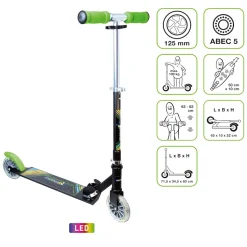 muuwmi Aluminium Scooter Neon – Tretroller, 125 mm, ABEC 5, GS-geprüft, höhenverstellbar, LED-Leuchtrollen, grün-schwarz