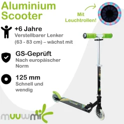 muuwmi Aluminium Scooter Neon – Tretroller, 125 mm, ABEC 5, GS-geprüft, höhenverstellbar, LED-Leuchtrollen, grün-schwarz