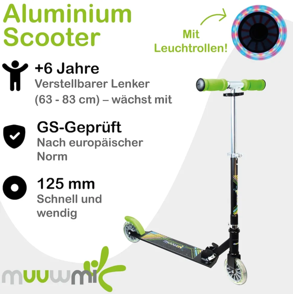 muuwmi Aluminium Scooter Neon – Tretroller, 125 mm, ABEC 5, GS-geprüft, höhenverstellbar, LED-Leuchtrollen, grün-schwarz