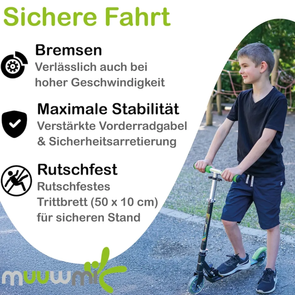 muuwmi Aluminium Scooter Neon – Tretroller, 125 mm, ABEC 5, GS-geprüft, höhenverstellbar, LED-Leuchtrollen, grün-schwarz