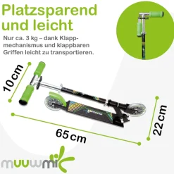 muuwmi Aluminium Scooter Neon – Tretroller, 125 mm, ABEC 5, GS-geprüft, höhenverstellbar, LED-Leuchtrollen, grün-schwarz