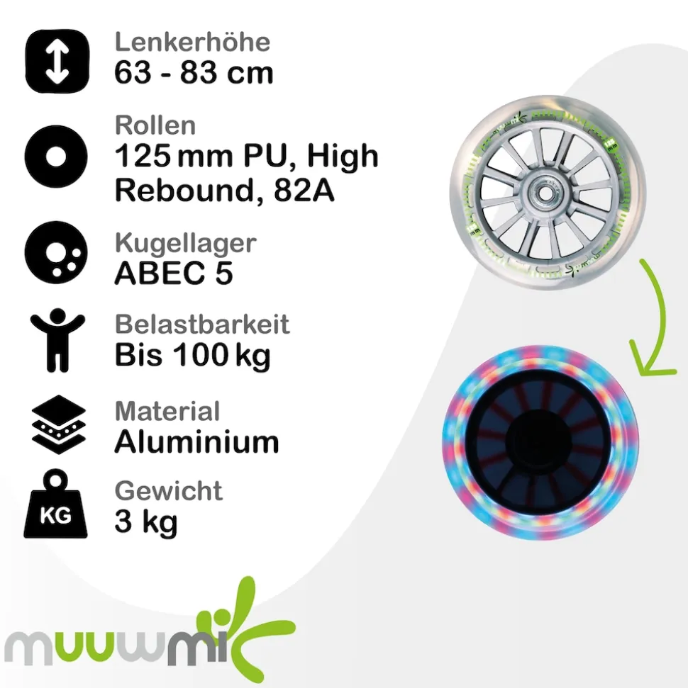 muuwmi Aluminium Scooter Neon – Tretroller, 125 mm, ABEC 5, GS-geprüft, höhenverstellbar, LED-Leuchtrollen, grün-schwarz