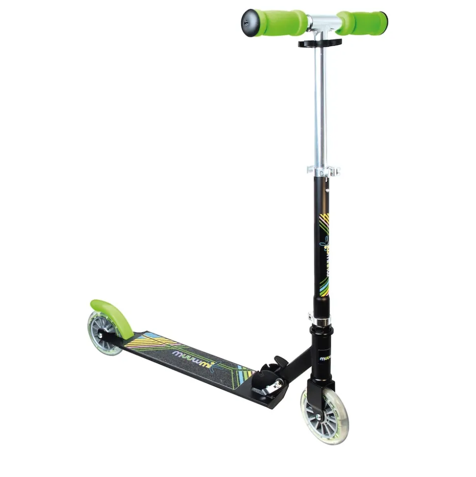 muuwmi Aluminium Scooter Neon – Tretroller, 125 mm, ABEC 5, GS-geprüft, höhenverstellbar, LED-Leuchtrollen, grün-schwarz