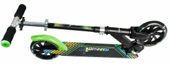 muuwmi Aluminium Scooter Neon – Tretroller, 180 mm, ABEC 5, GS-geprüft, höhenverstellbar, LED-Leuchtrollen, grün-schwarz