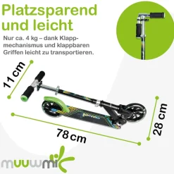 muuwmi Aluminium Scooter Neon – Tretroller, 180 mm, ABEC 5, GS-geprüft, höhenverstellbar, LED-Leuchtrollen, grün-schwarz