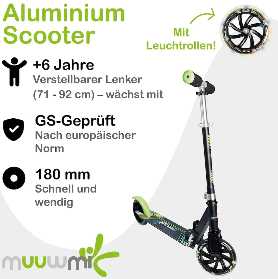muuwmi Aluminium Scooter Neon – Tretroller, 180 mm, ABEC 5, GS-geprüft, höhenverstellbar, LED-Leuchtrollen, grün-schwarz