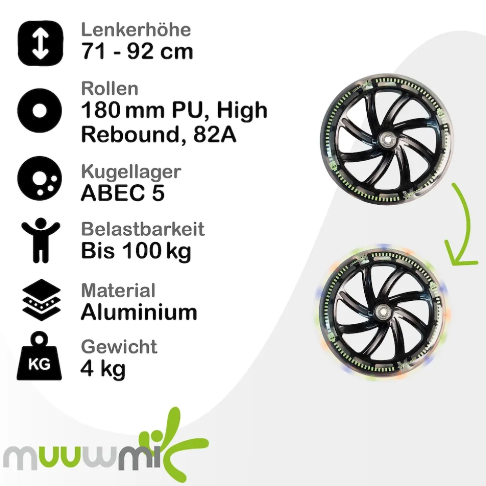 muuwmi Aluminium Scooter Neon – Tretroller, 180 mm, ABEC 5, GS-geprüft, höhenverstellbar, LED-Leuchtrollen, grün-schwarz
