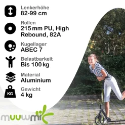 muuwmi Aluminium Scooter Pro – Tretroller, 215 mm, ABEC 7, GS-geprüft, höhenverstellbar, XL-Deck, BMX-Lenker, blau