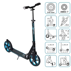 muuwmi Aluminium Scooter Pro – Tretroller, 215 mm, ABEC 7, GS-geprüft, höhenverstellbar, XL-Deck, BMX-Lenker, blau