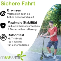 muuwmi Aluminium Scooter Pro – Tretroller, 215 mm, ABEC 7, GS-geprüft, höhenverstellbar, XL-Deck, BMX-Lenker, blau