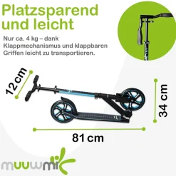 muuwmi Aluminium Scooter Pro – Tretroller, 215 mm, ABEC 7, GS-geprüft, höhenverstellbar, XL-Deck, BMX-Lenker, blau