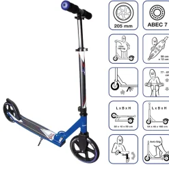muuwmi Aluminium Scooter – Tretroller, 205 mm, ABEC 7, für Kinder und Erwachsene, GS-geprüft, höhenverstellbar, blau