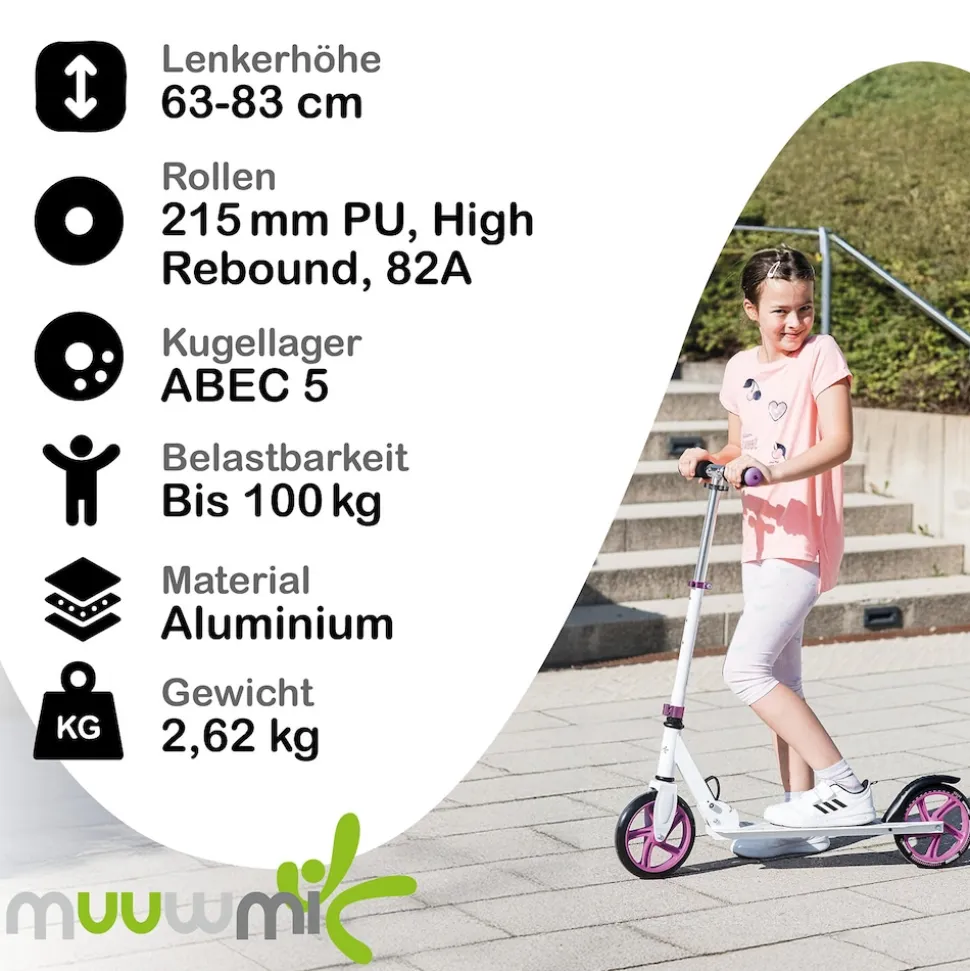 muuwmi Aluminium Scooter – Tretroller, 125 mm, ABEC 5, GS-geprüft, höhenverstellbar, schwarz-grün
