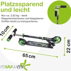 muuwmi Aluminium Scooter – Tretroller, 125 mm, ABEC 5, GS-geprüft, höhenverstellbar, schwarz-grün