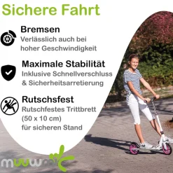 muuwmi Aluminium Scooter – Tretroller, 125 mm, ABEC 5, GS-geprüft, höhenverstellbar, schwarz-grün