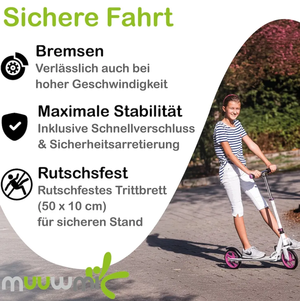 muuwmi Aluminium Scooter – Tretroller, 125 mm, ABEC 5, GS-geprüft, höhenverstellbar, schwarz-grün