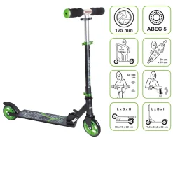 muuwmi Aluminium Scooter – Tretroller, 125 mm, ABEC 5, GS-geprüft, höhenverstellbar, schwarz-grün