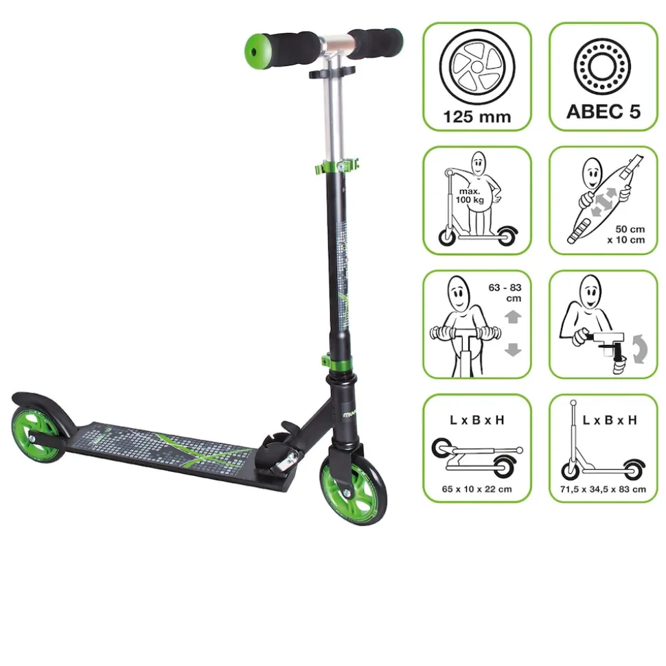 muuwmi Aluminium Scooter – Tretroller, 125 mm, ABEC 5, GS-geprüft, höhenverstellbar, schwarz-grün