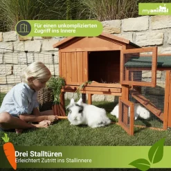 MyAnimal Hasenstall MH-03 Doppelstockhaus mit Garten, Freilauf, Kiefernholz, verzinkter Draht (Braun 2.0)