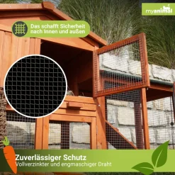 MyAnimal Hasenstall MH-03 Doppelstockhaus mit Garten, Freilauf, Kiefernholz, verzinkter Draht (Braun 2.0)