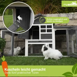MyAnimal Hasenstall MH-31, Doppelgarten, Freilauf, wetterfester Kaninchenstall, imprägniertes Holz (Grau 2.0)