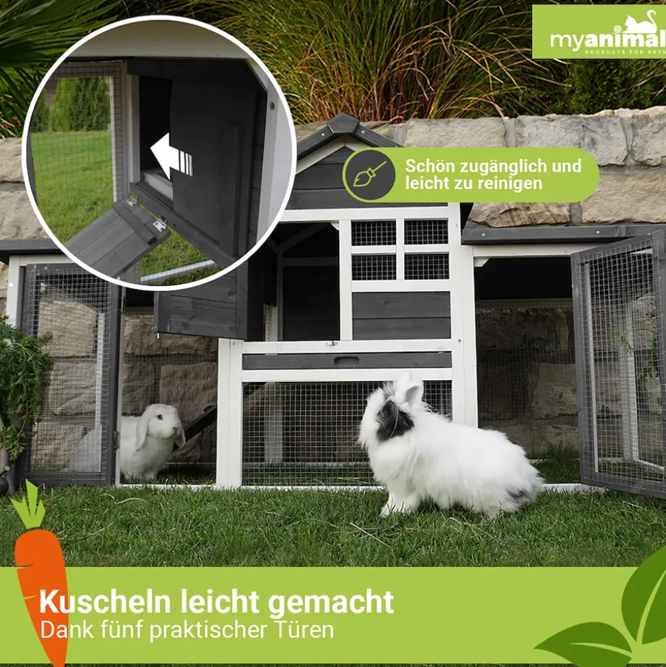 MyAnimal Hasenstall MH-31, Doppelgarten, Freilauf, wetterfester Kaninchenstall, imprägniertes Holz (Grau 2.0)