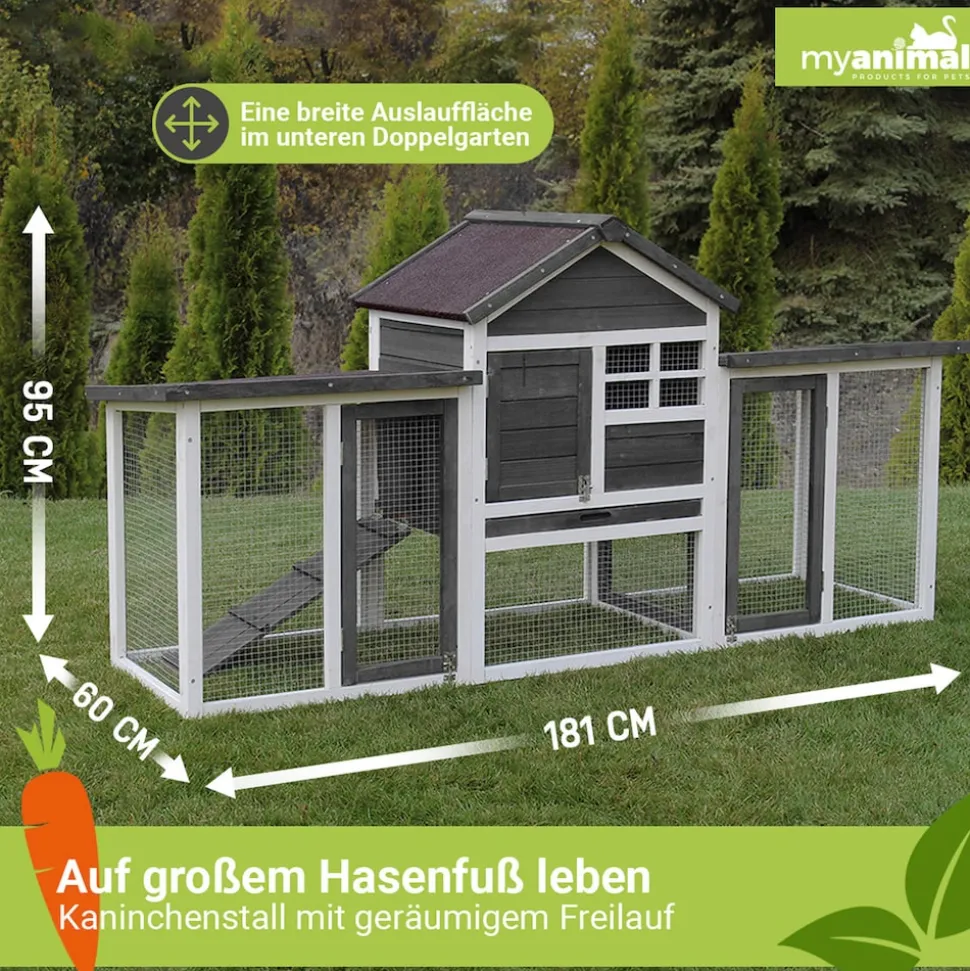 MyAnimal Hasenstall MH-31, Doppelgarten, Freilauf, wetterfester Kaninchenstall, imprägniertes Holz (Grau 2.0)