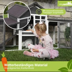 MyAnimal Hasenstall MH-31, Doppelgarten, Freilauf, wetterfester Kaninchenstall, imprägniertes Holz (Grau 2.0)