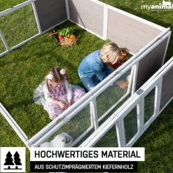 MyAnimal Hasenstall MH-06 Freilaufgehege, Kaninchenstall XXL, mit Unterstand, Simple-Fold, Vollholz (Grau)