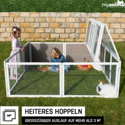 MyAnimal Hasenstall MH-06 Freilaufgehege, Kaninchenstall XXL, mit Unterstand, Simple-Fold, Vollholz (Grau)