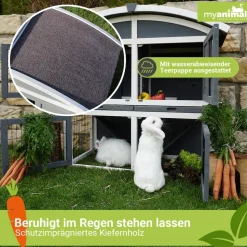 MyAnimal Hasenstall MH-33, 2-stöckig, Bogendach aufklappbar, wetterfester Kaninchenstall, Holz, Grau