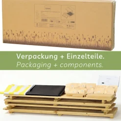 needs&wants® Holz Sandkasten mit Picknicktisch und Dach, Bänken & Abdeckung, Kinder Sandkiste mit klappbarem Deckel, UV-Sonnenschutz, Sandbox quadratisch für Garten Outdoor Spielplatz, 185x110 cm, gelb weiß braun