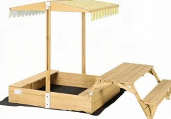 needs&wants® Holz Sandkasten mit Picknicktisch und Dach, Bänken & Abdeckung, Kinder Sandkiste mit klappbarem Deckel, UV-Sonnenschutz, Sandbox quadratisch für Garten Outdoor Spielplatz, 185x110 cm, gelb weiß braun