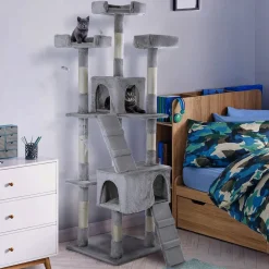 NYVI Katzen Kratzbaum Diego 170 cm Grau - Deluxe Katzenbaum mit Katzenhöhlen, 3 Plattformen und Sisal Kratzsäule