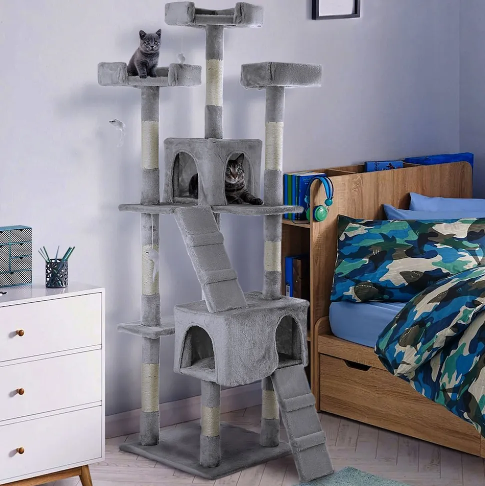 NYVI Katzen Kratzbaum Diego 170 cm Grau - Deluxe Katzenbaum mit Katzenhöhlen, 3 Plattformen und Sisal Kratzsäule