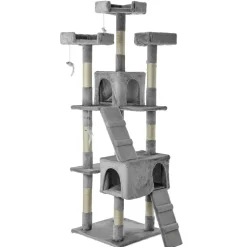 NYVI Katzen Kratzbaum Diego 170 cm Grau - Deluxe Katzenbaum mit Katzenhöhlen, 3 Plattformen und Sisal Kratzsäule
