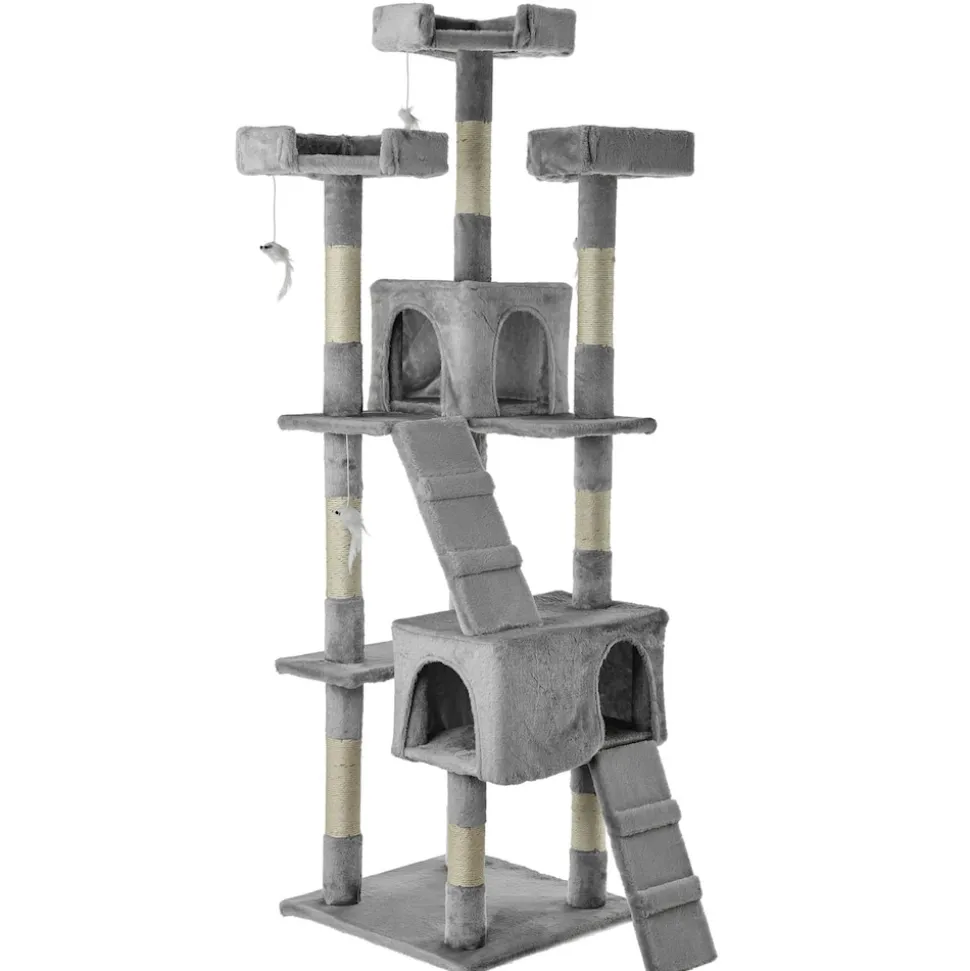 NYVI Katzen Kratzbaum Diego 170 cm Grau - Deluxe Katzenbaum mit Katzenhöhlen, 3 Plattformen und Sisal Kratzsäule