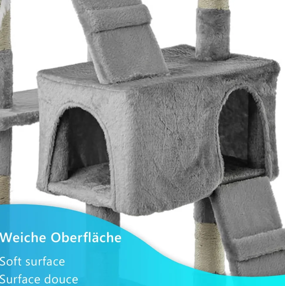 NYVI Katzen Kratzbaum Diego 170 cm Grau - Deluxe Katzenbaum mit Katzenhöhlen, 3 Plattformen und Sisal Kratzsäule