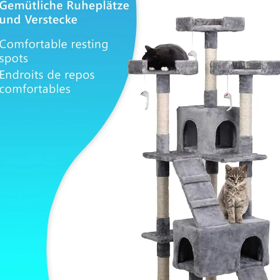 NYVI Katzen Kratzbaum Diego 170 cm Grau - Deluxe Katzenbaum mit Katzenhöhlen, 3 Plattformen und Sisal Kratzsäule